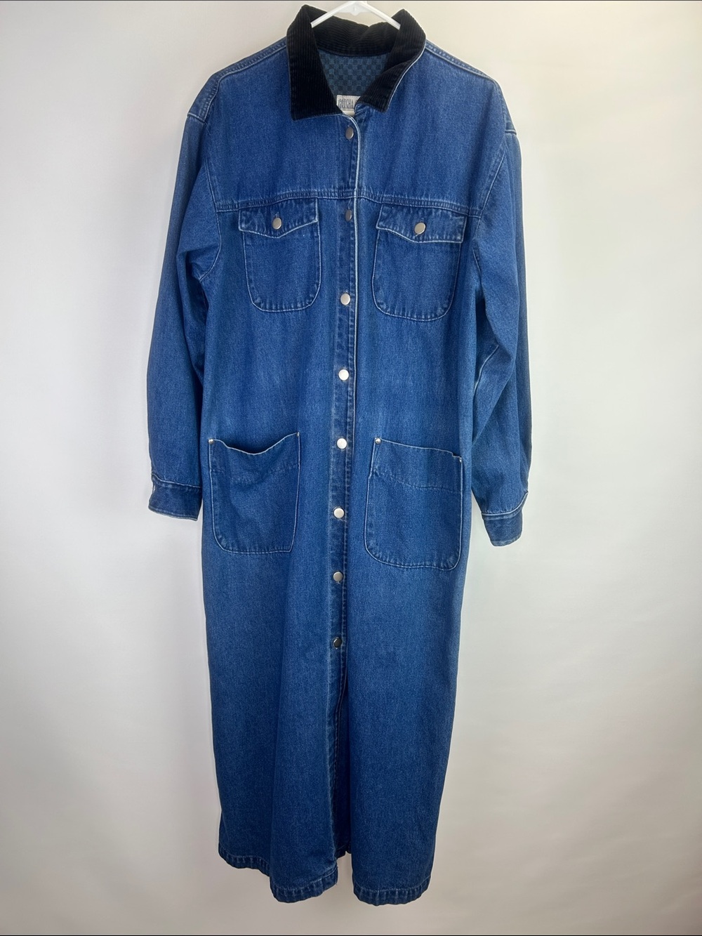 Gotcha Covered Long Denim Button-Front Coat with Black Corduroy Collar Y2K USA